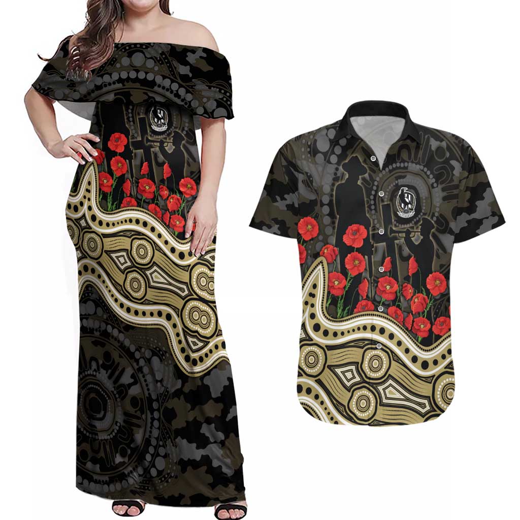 Collingwood Magpies ANZAC Day Couples Matching Off Shoulder Maxi Dress and Hawaiian Shirt Indigenous Dot Art with Poppy Flower Tribute
