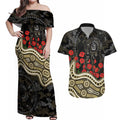 Collingwood Magpies ANZAC Day Couples Matching Off Shoulder Maxi Dress and Hawaiian Shirt Indigenous Dot Art with Poppy Flower Tribute