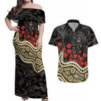Collingwood Magpies ANZAC Day Couples Matching Off Shoulder Maxi Dress and Hawaiian Shirt Indigenous Dot Art with Poppy Flower Tribute