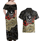 Collingwood Magpies ANZAC Day Couples Matching Off Shoulder Maxi Dress and Hawaiian Shirt Indigenous Dot Art with Poppy Flower Tribute