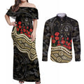 Collingwood Magpies ANZAC Day Couples Matching Off Shoulder Maxi Dress and Long Sleeve Button Shirt Indigenous Dot Art with Poppy Flower Tribute