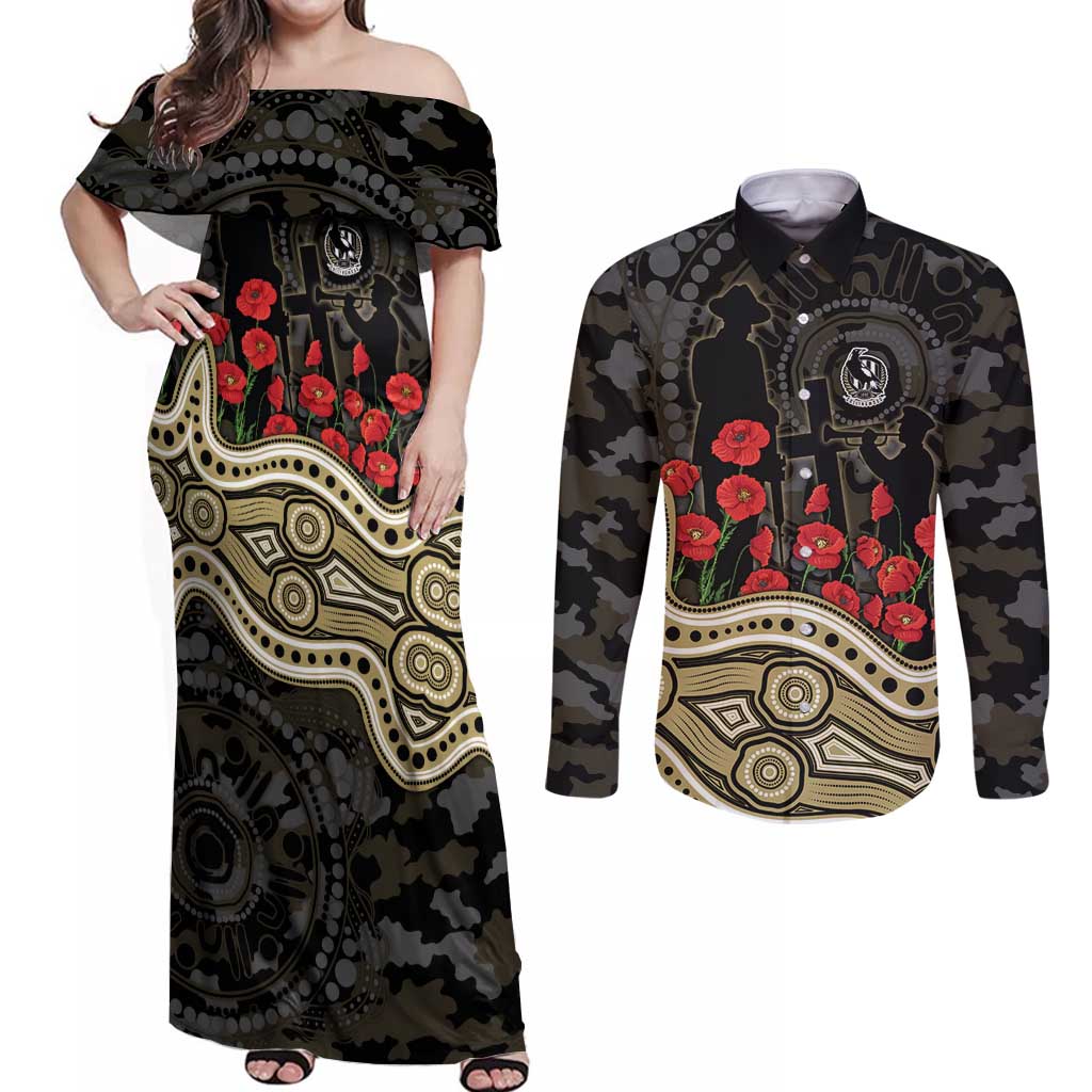 Collingwood Magpies ANZAC Day Couples Matching Off Shoulder Maxi Dress and Long Sleeve Button Shirt Indigenous Dot Art with Poppy Flower Tribute