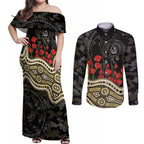 Collingwood Magpies ANZAC Day Couples Matching Off Shoulder Maxi Dress and Long Sleeve Button Shirt Indigenous Dot Art with Poppy Flower Tribute