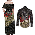 Collingwood Magpies ANZAC Day Couples Matching Off Shoulder Maxi Dress and Long Sleeve Button Shirt Indigenous Dot Art with Poppy Flower Tribute