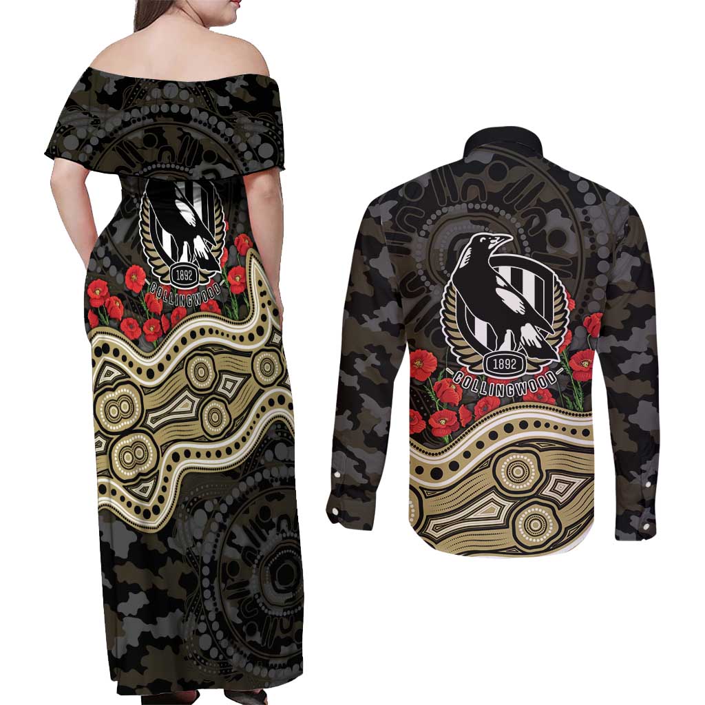 Collingwood Magpies ANZAC Day Couples Matching Off Shoulder Maxi Dress and Long Sleeve Button Shirt Indigenous Dot Art with Poppy Flower Tribute