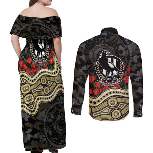 Collingwood Magpies ANZAC Day Couples Matching Off Shoulder Maxi Dress and Long Sleeve Button Shirt Indigenous Dot Art with Poppy Flower Tribute