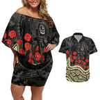 Collingwood Magpies ANZAC Day Couples Matching Off Shoulder Short Dress and Hawaiian Shirt Indigenous Dot Art with Poppy Flower Tribute