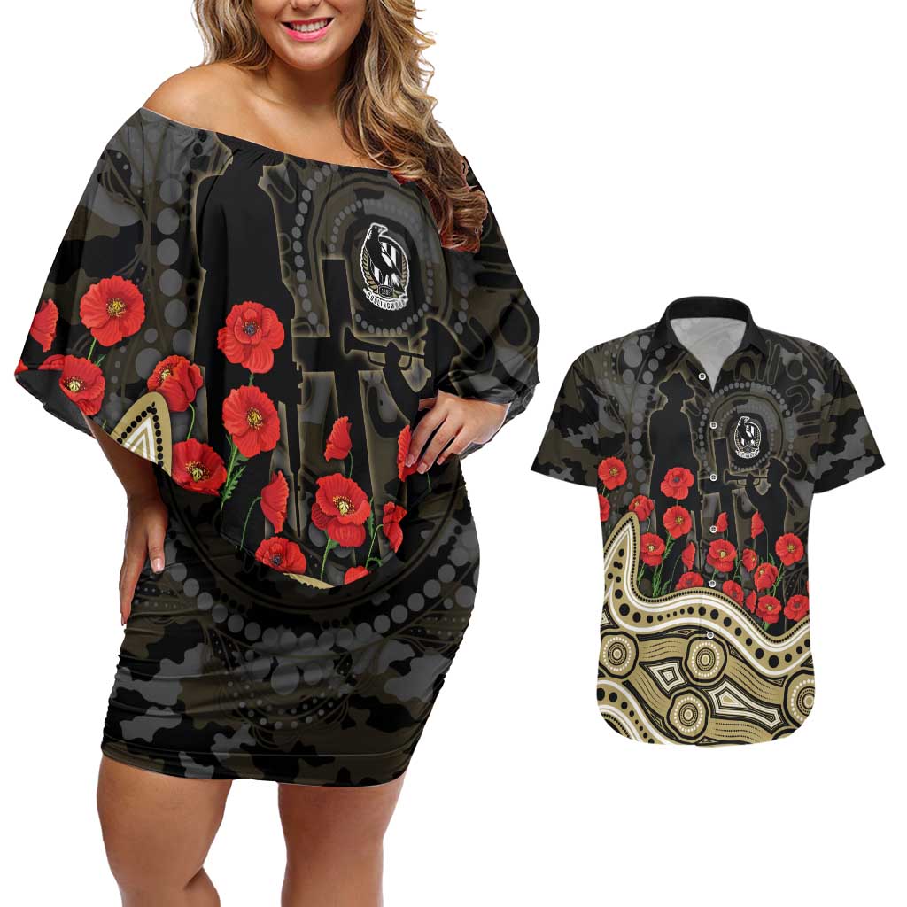 Collingwood Magpies ANZAC Day Couples Matching Off Shoulder Short Dress and Hawaiian Shirt Indigenous Dot Art with Poppy Flower Tribute