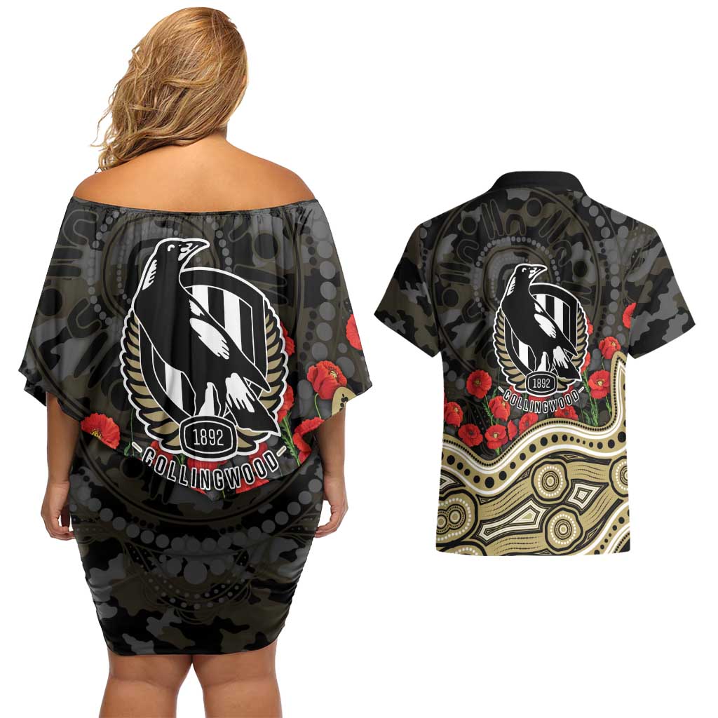 Collingwood Magpies ANZAC Day Couples Matching Off Shoulder Short Dress and Hawaiian Shirt Indigenous Dot Art with Poppy Flower Tribute