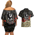 Collingwood Magpies ANZAC Day Couples Matching Off Shoulder Short Dress and Hawaiian Shirt Indigenous Dot Art with Poppy Flower Tribute