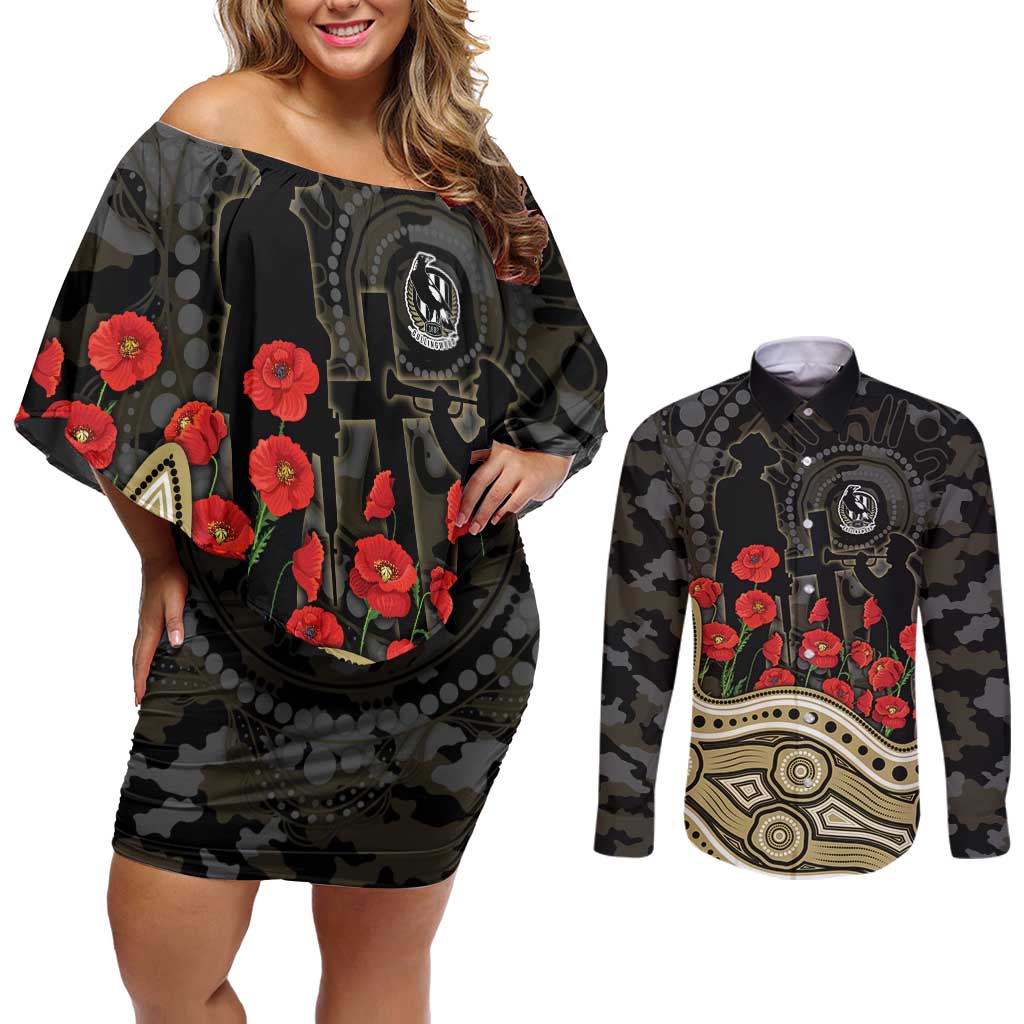 Collingwood Magpies ANZAC Day Couples Matching Off Shoulder Short Dress and Long Sleeve Button Shirt Indigenous Dot Art with Poppy Flower Tribute