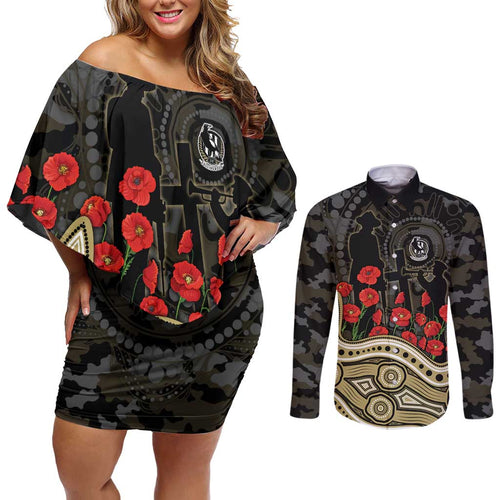 Collingwood Magpies ANZAC Day Couples Matching Off Shoulder Short Dress and Long Sleeve Button Shirt Indigenous Dot Art with Poppy Flower Tribute