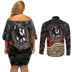 Collingwood Magpies ANZAC Day Couples Matching Off Shoulder Short Dress and Long Sleeve Button Shirt Indigenous Dot Art with Poppy Flower Tribute