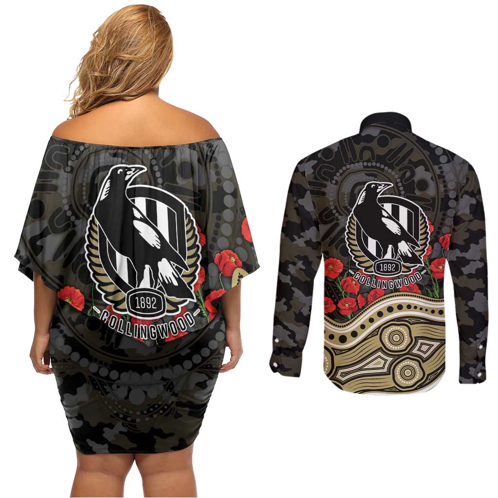 Collingwood Magpies ANZAC Day Couples Matching Off Shoulder Short Dress and Long Sleeve Button Shirt Indigenous Dot Art with Poppy Flower Tribute
