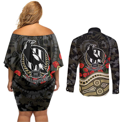 Collingwood Magpies ANZAC Day Couples Matching Off Shoulder Short Dress and Long Sleeve Button Shirt Indigenous Dot Art with Poppy Flower Tribute