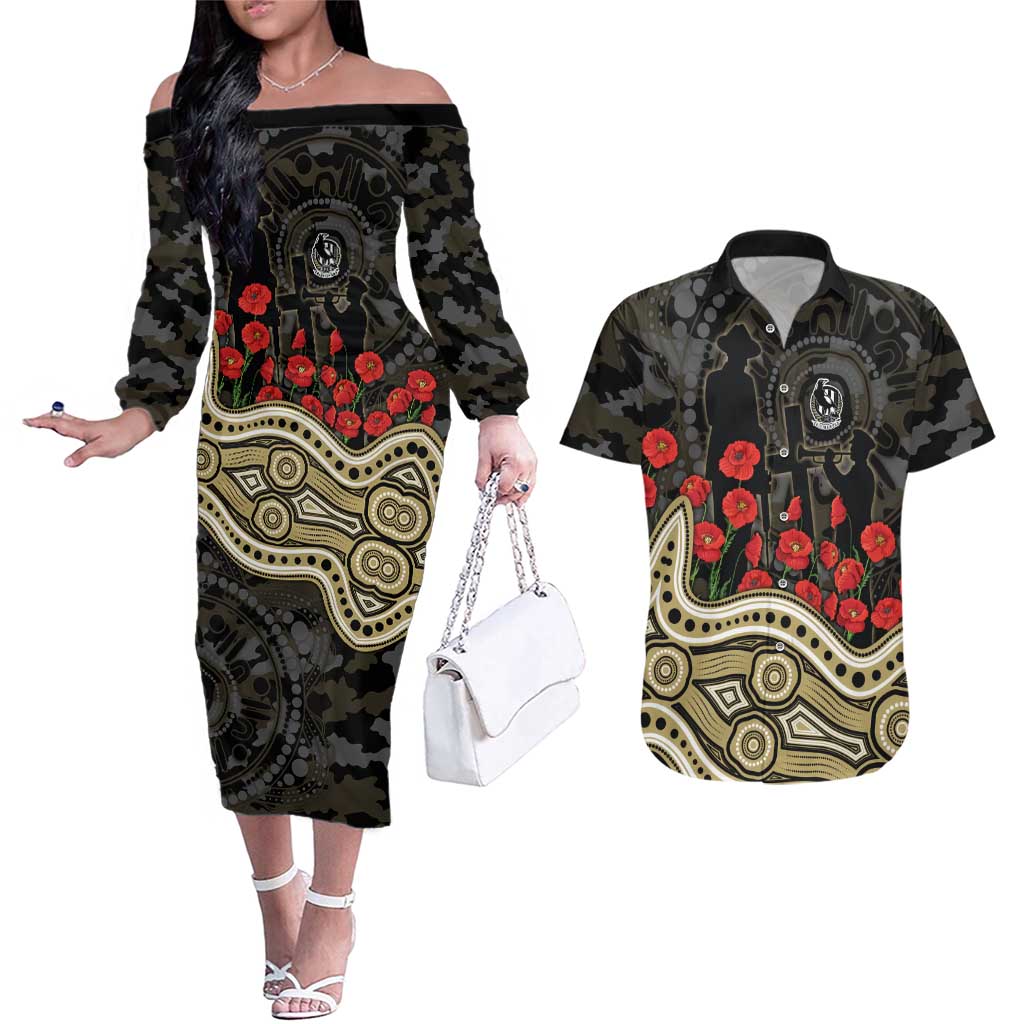 Collingwood Magpies ANZAC Day Couples Matching Off The Shoulder Long Sleeve Dress and Hawaiian Shirt Indigenous Dot Art with Poppy Flower Tribute