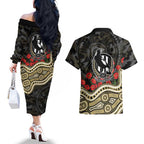 Collingwood Magpies ANZAC Day Couples Matching Off The Shoulder Long Sleeve Dress and Hawaiian Shirt Indigenous Dot Art with Poppy Flower Tribute