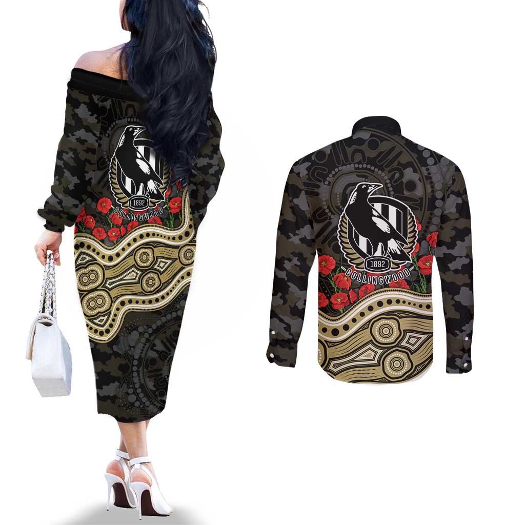 Collingwood Magpies ANZAC Day Couples Matching Off The Shoulder Long Sleeve Dress and Long Sleeve Button Shirt Indigenous Dot Art with Poppy Flower Tribute