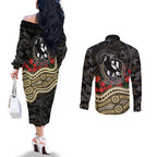 Collingwood Magpies ANZAC Day Couples Matching Off The Shoulder Long Sleeve Dress and Long Sleeve Button Shirt Indigenous Dot Art with Poppy Flower Tribute