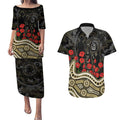 Collingwood Magpies ANZAC Day Couples Matching Puletasi and Hawaiian Shirt Indigenous Dot Art with Poppy Flower Tribute