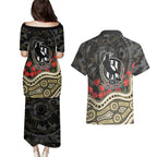 Collingwood Magpies ANZAC Day Couples Matching Puletasi and Hawaiian Shirt Indigenous Dot Art with Poppy Flower Tribute
