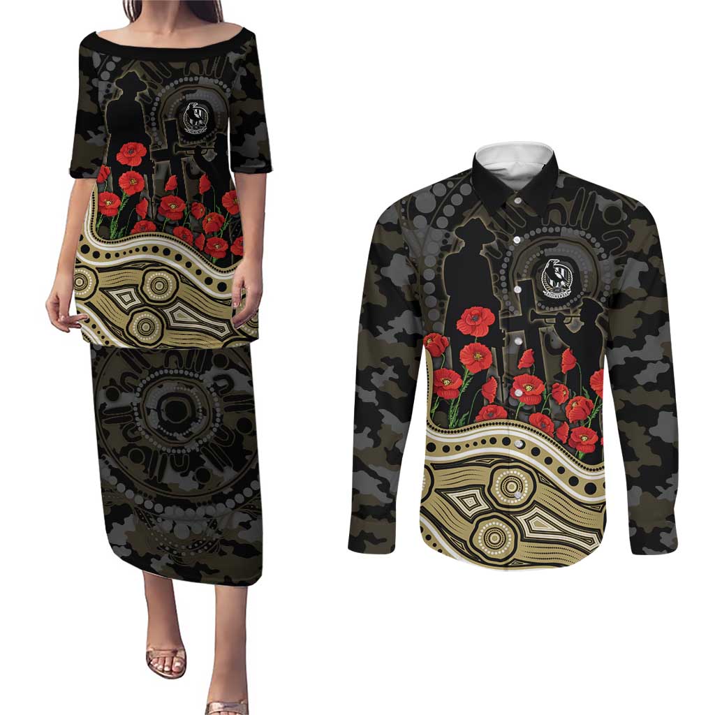 Collingwood Magpies ANZAC Day Couples Matching Puletasi and Long Sleeve Button Shirt Indigenous Dot Art with Poppy Flower Tribute