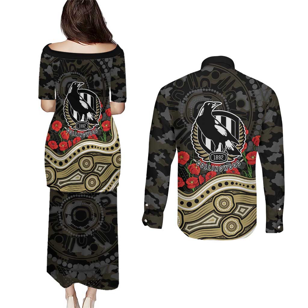 Collingwood Magpies ANZAC Day Couples Matching Puletasi and Long Sleeve Button Shirt Indigenous Dot Art with Poppy Flower Tribute