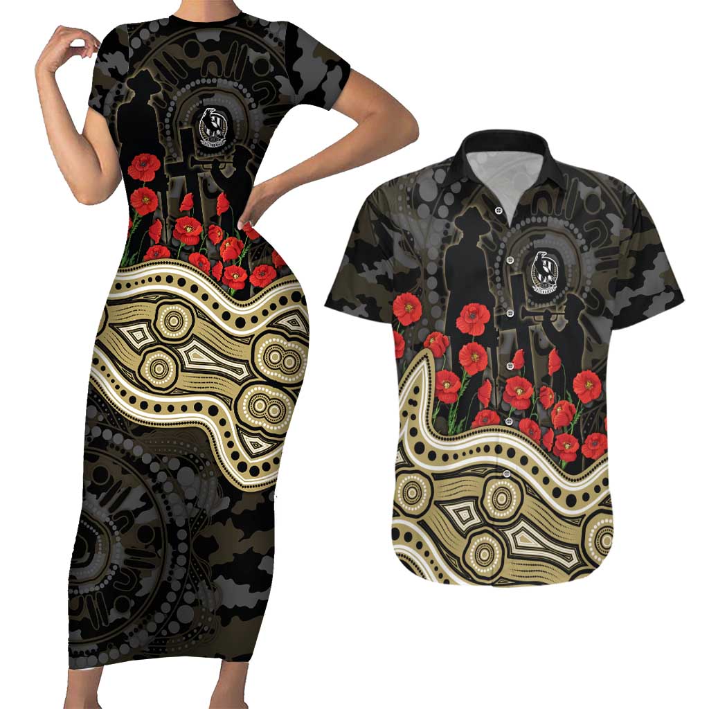 Collingwood Magpies ANZAC Day Couples Matching Short Sleeve Bodycon Dress and Hawaiian Shirt Indigenous Dot Art with Poppy Flower Tribute
