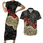 Collingwood Magpies ANZAC Day Couples Matching Short Sleeve Bodycon Dress and Hawaiian Shirt Indigenous Dot Art with Poppy Flower Tribute