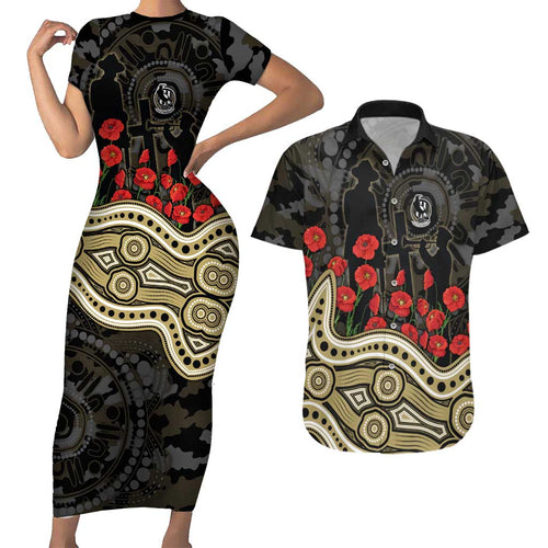 Collingwood Magpies ANZAC Day Couples Matching Short Sleeve Bodycon Dress and Hawaiian Shirt Indigenous Dot Art with Poppy Flower Tribute