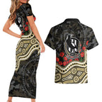 Collingwood Magpies ANZAC Day Couples Matching Short Sleeve Bodycon Dress and Hawaiian Shirt Indigenous Dot Art with Poppy Flower Tribute