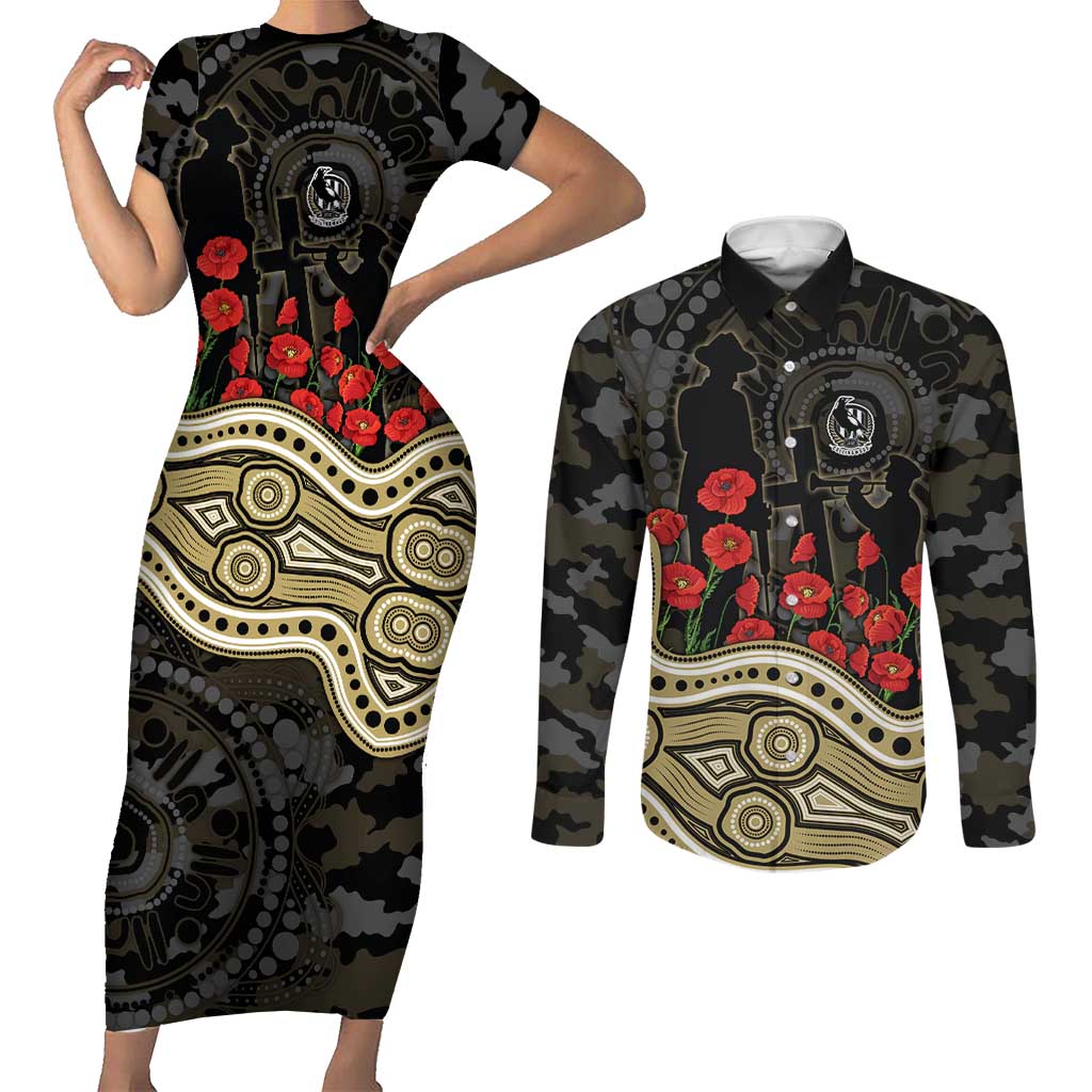 Collingwood Magpies ANZAC Day Couples Matching Short Sleeve Bodycon Dress and Long Sleeve Button Shirt Indigenous Dot Art with Poppy Flower Tribute