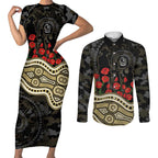 Collingwood Magpies ANZAC Day Couples Matching Short Sleeve Bodycon Dress and Long Sleeve Button Shirt Indigenous Dot Art with Poppy Flower Tribute