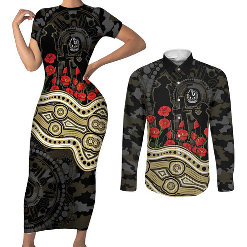Collingwood Magpies ANZAC Day Couples Matching Short Sleeve Bodycon Dress and Long Sleeve Button Shirt Indigenous Dot Art with Poppy Flower Tribute