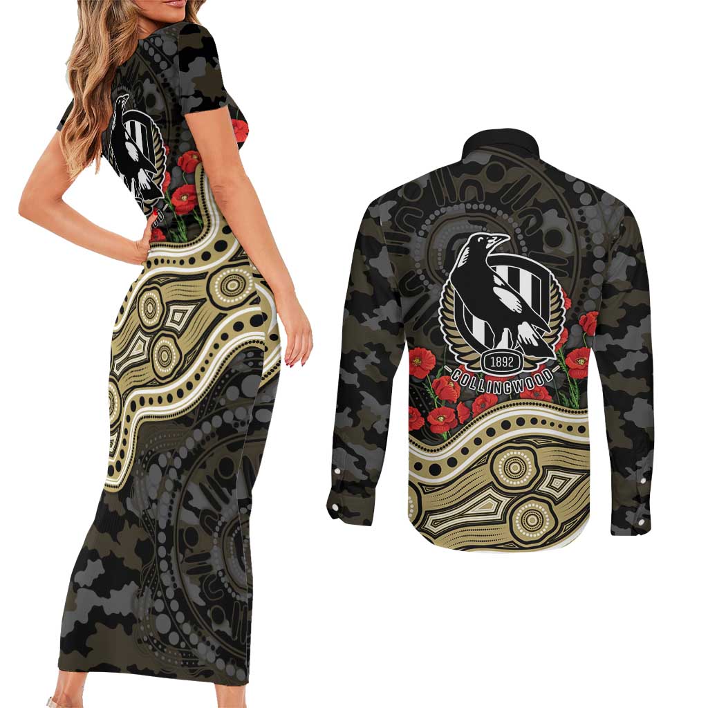Collingwood Magpies ANZAC Day Couples Matching Short Sleeve Bodycon Dress and Long Sleeve Button Shirt Indigenous Dot Art with Poppy Flower Tribute