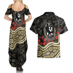 Collingwood Magpies ANZAC Day Couples Matching Summer Maxi Dress and Hawaiian Shirt Indigenous Dot Art with Poppy Flower Tribute