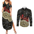 Collingwood Magpies ANZAC Day Couples Matching Summer Maxi Dress and Long Sleeve Button Shirt Indigenous Dot Art with Poppy Flower Tribute