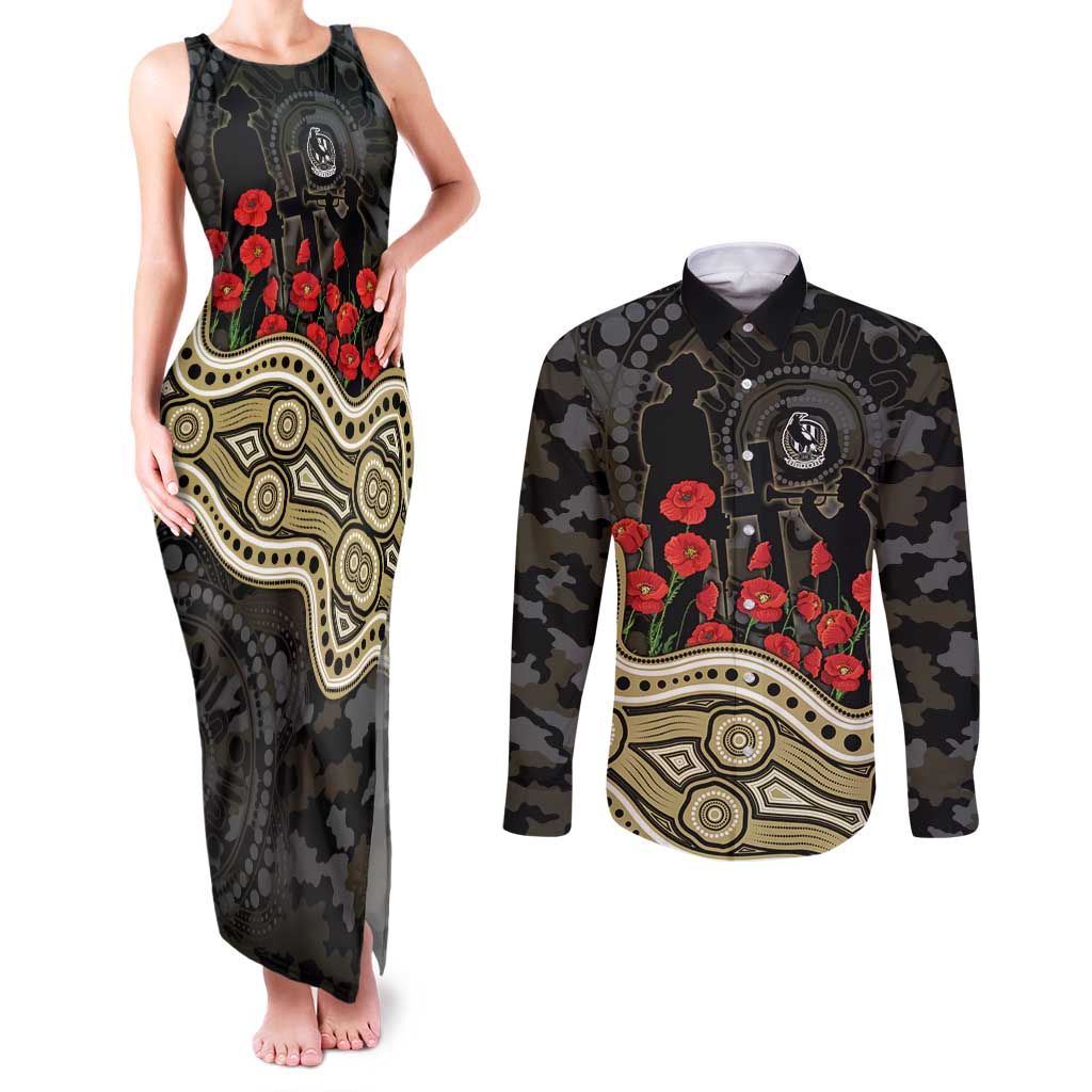 Collingwood Magpies ANZAC Day Couples Matching Tank Maxi Dress and Long Sleeve Button Shirt Indigenous Dot Art with Poppy Flower Tribute