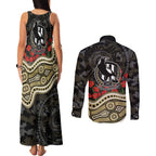 Collingwood Magpies ANZAC Day Couples Matching Tank Maxi Dress and Long Sleeve Button Shirt Indigenous Dot Art with Poppy Flower Tribute
