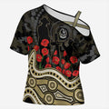 Collingwood Magpies ANZAC Day Cross Shoulder Shirt Indigenous Dot Art with Poppy Flower Tribute