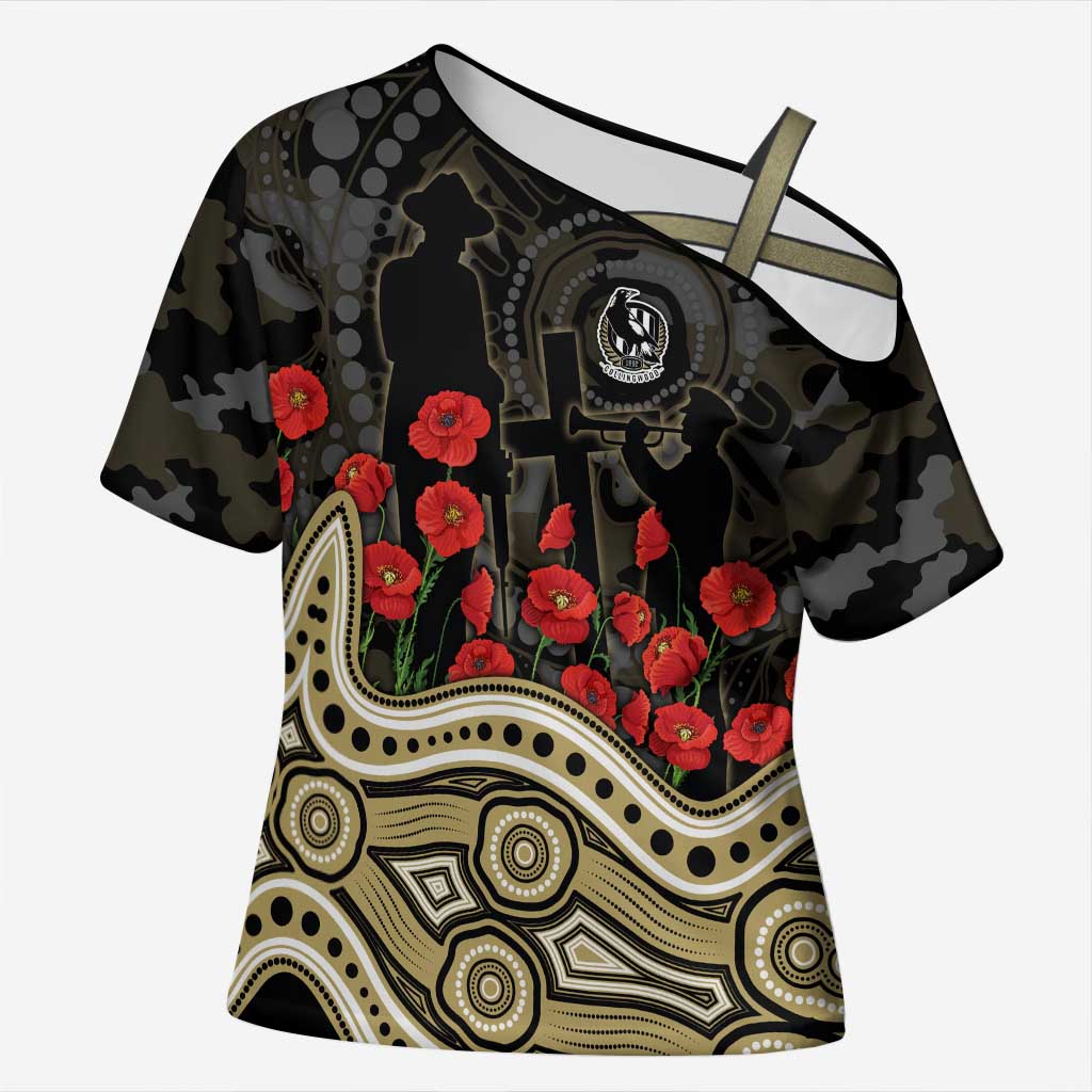 Collingwood Magpies ANZAC Day Cross Shoulder Shirt Indigenous Dot Art with Poppy Flower Tribute