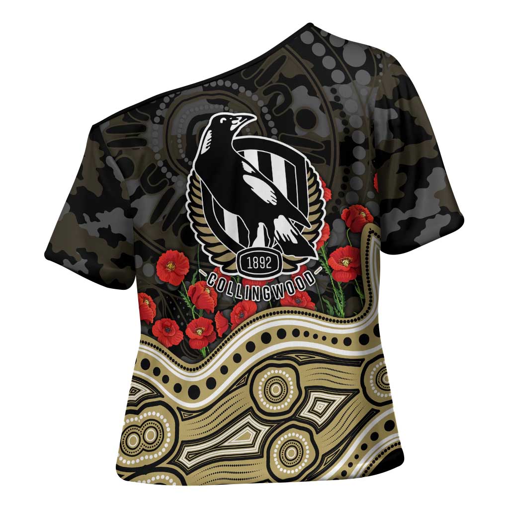 Collingwood Magpies ANZAC Day Cross Shoulder Shirt Indigenous Dot Art with Poppy Flower Tribute