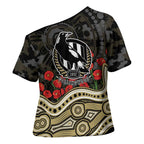 Collingwood Magpies ANZAC Day Cross Shoulder Shirt Indigenous Dot Art with Poppy Flower Tribute