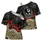 Collingwood Magpies ANZAC Day Cross Shoulder Shirt Indigenous Dot Art with Poppy Flower Tribute