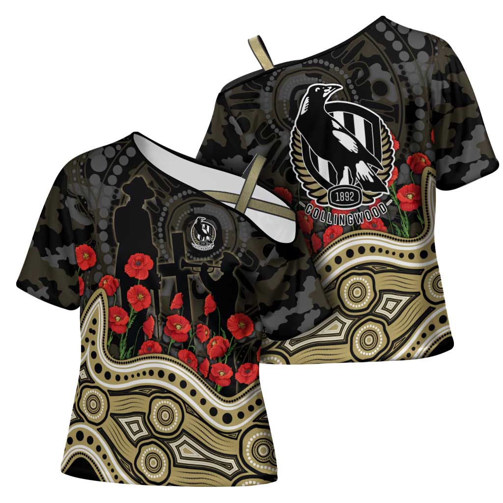 Collingwood Magpies ANZAC Day Cross Shoulder Shirt Indigenous Dot Art with Poppy Flower Tribute