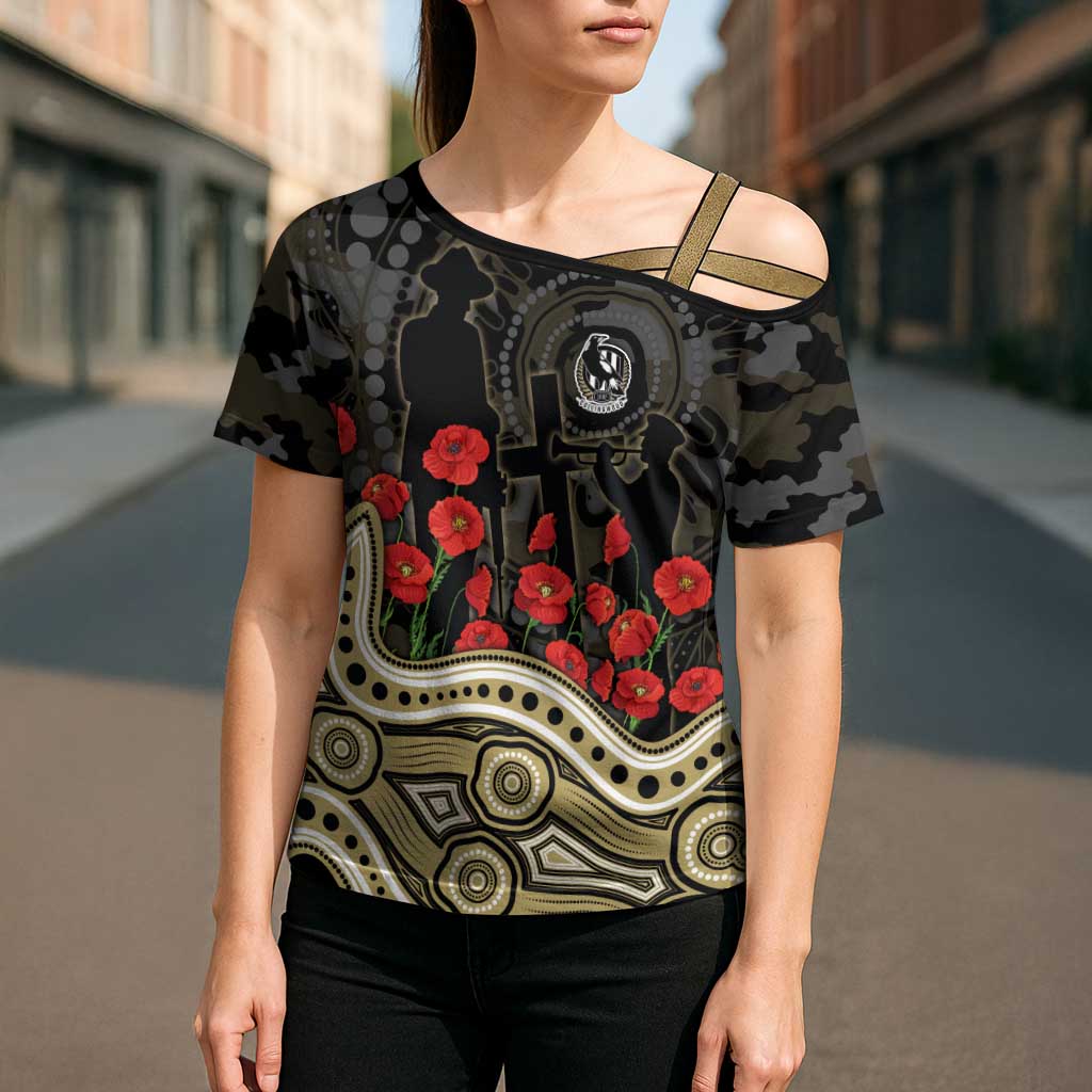 Collingwood Magpies ANZAC Day Cross Shoulder Shirt Indigenous Dot Art with Poppy Flower Tribute