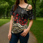 Collingwood Magpies ANZAC Day Cross Shoulder Shirt Indigenous Dot Art with Poppy Flower Tribute