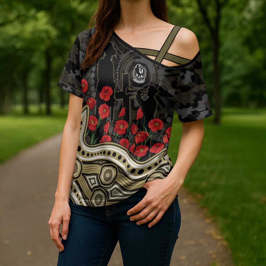 Collingwood Magpies ANZAC Day Cross Shoulder Shirt Indigenous Dot Art with Poppy Flower Tribute