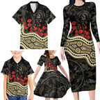 Collingwood Magpies ANZAC Day Family Matching Long Sleeve Bodycon Dress and Hawaiian Shirt Indigenous Dot Art with Poppy Flower Tribute