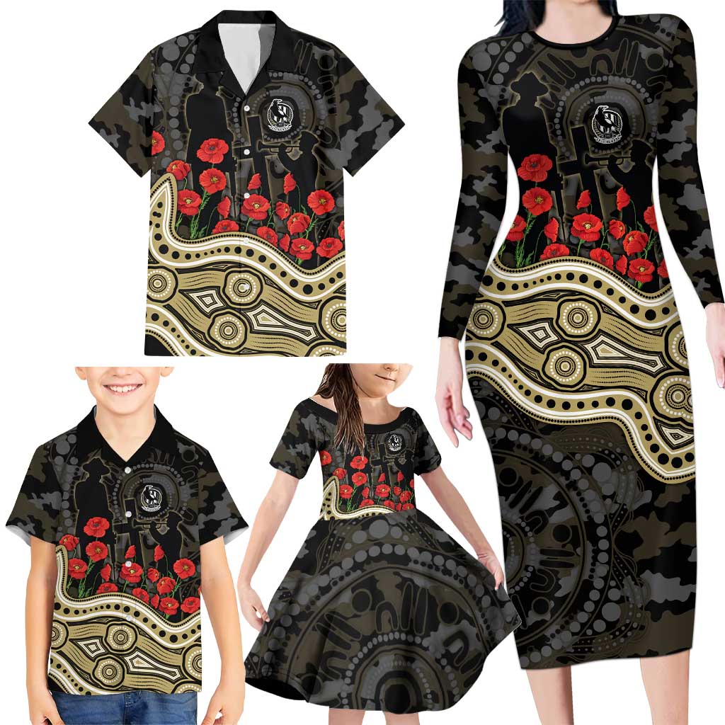 Collingwood Magpies ANZAC Day Family Matching Long Sleeve Bodycon Dress and Hawaiian Shirt Indigenous Dot Art with Poppy Flower Tribute